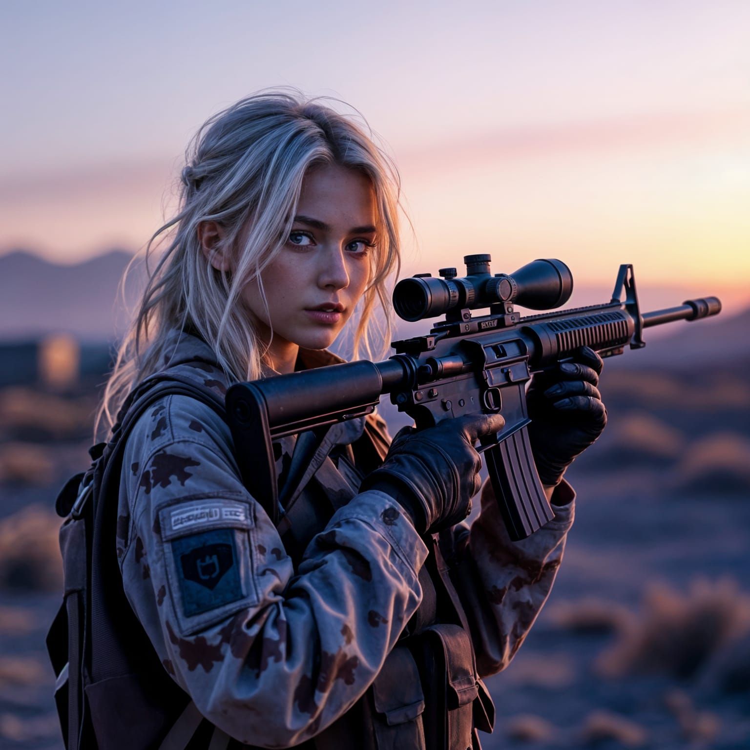 Teenage Girl with Sniper Rifle in Dystopian Landscape