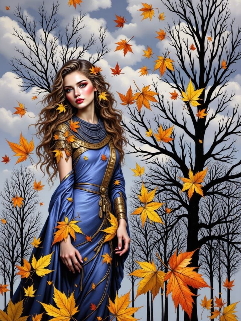Autumn Goddess With Crimson Leaf In Airbrush Style