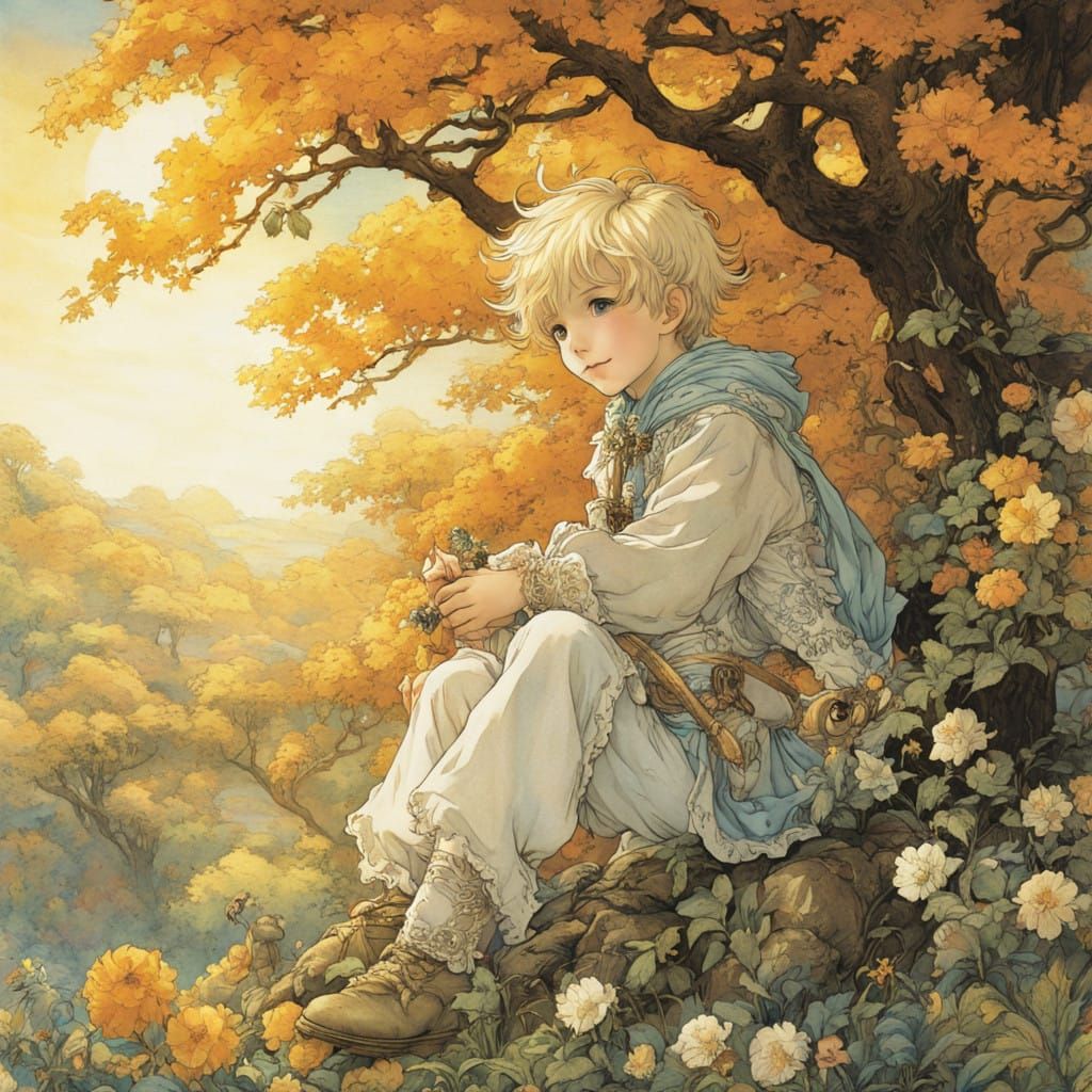 Whimsical Boy in a Vibrant Forest Scene