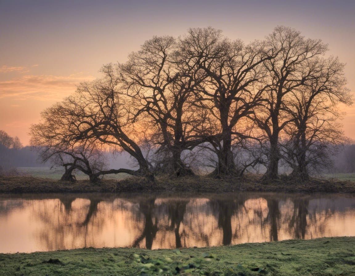 Lake Landscape with Ancient Oak Trees at Dusk