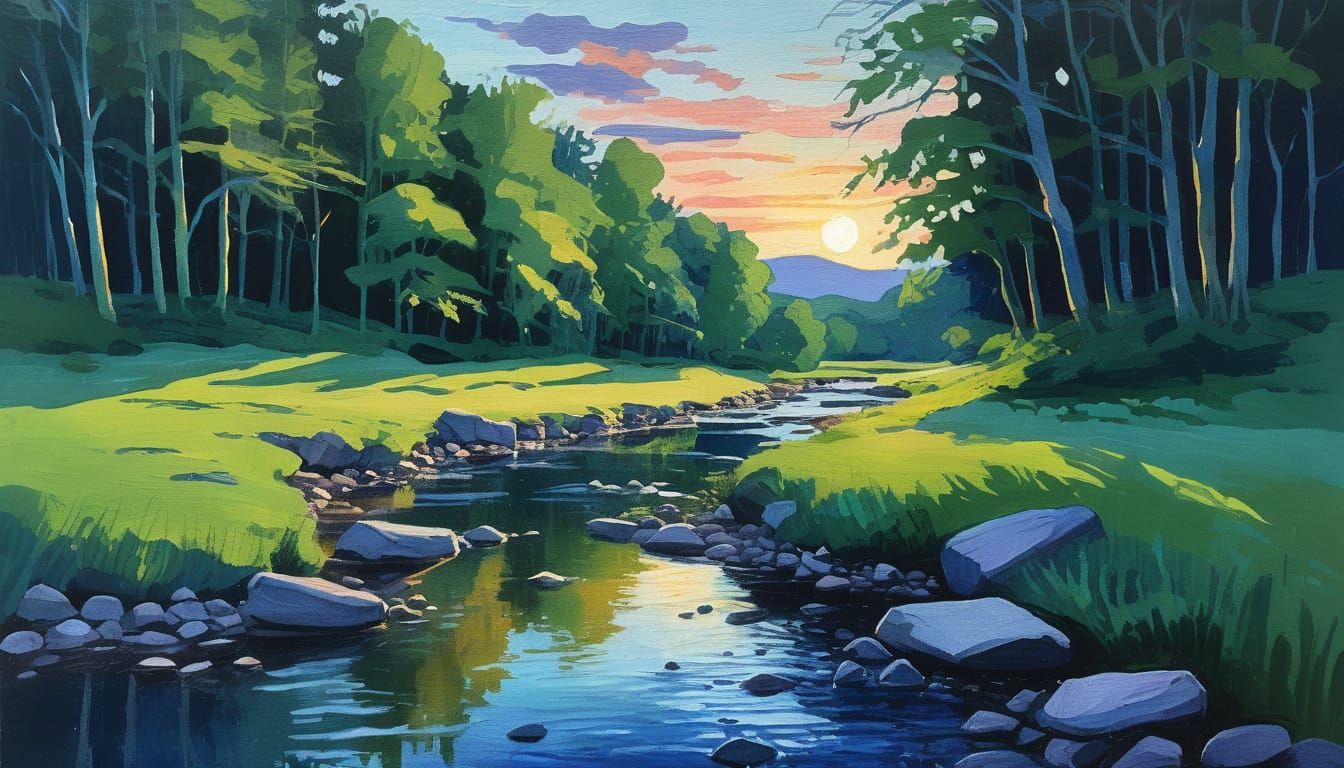 Vermont Creek at Dusk: Impressionist Gouache Painting