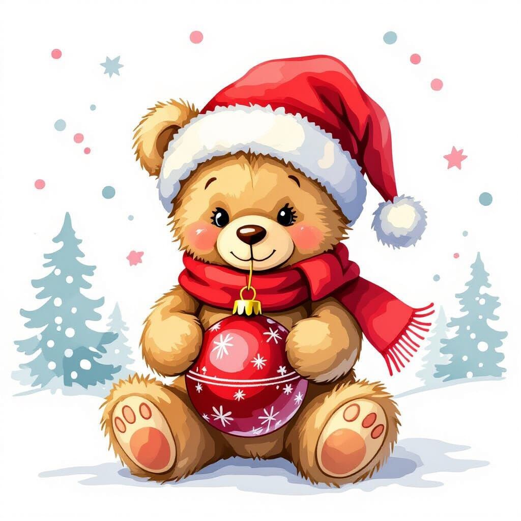 Dreamy Watercolor Christmas Teddy Bear Clipart