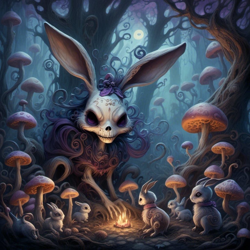 Sugar Skull Rabbits in Misty Forest, Watercolor Style