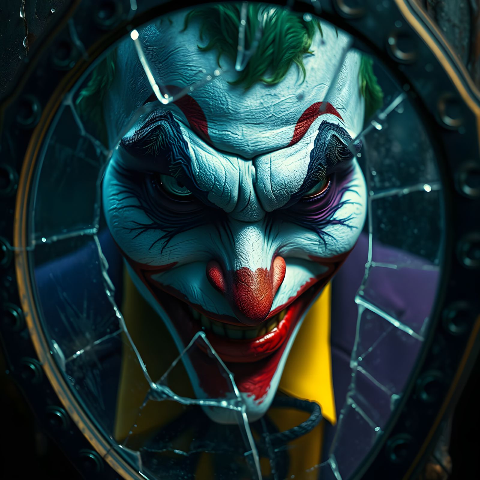 Joker's Distorted Reflection in Dark Fantasy Style