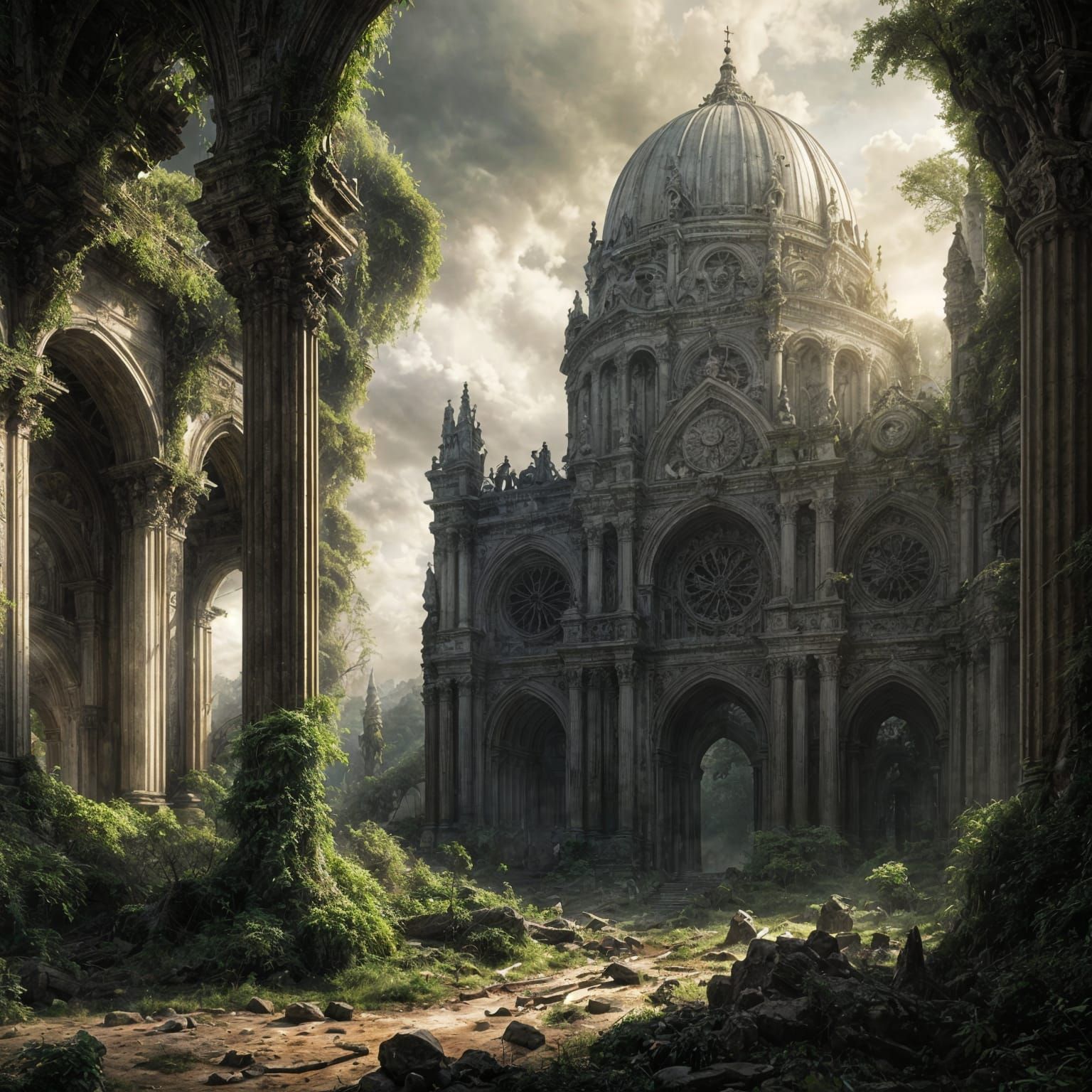 Nature Reclaims Sunlit Cathedral Ruins
