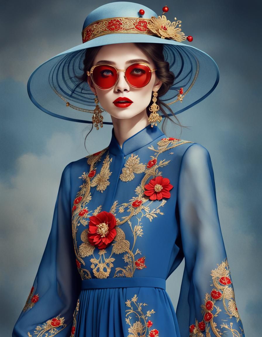 Charming Supermodel in Blue Chiffon Dress