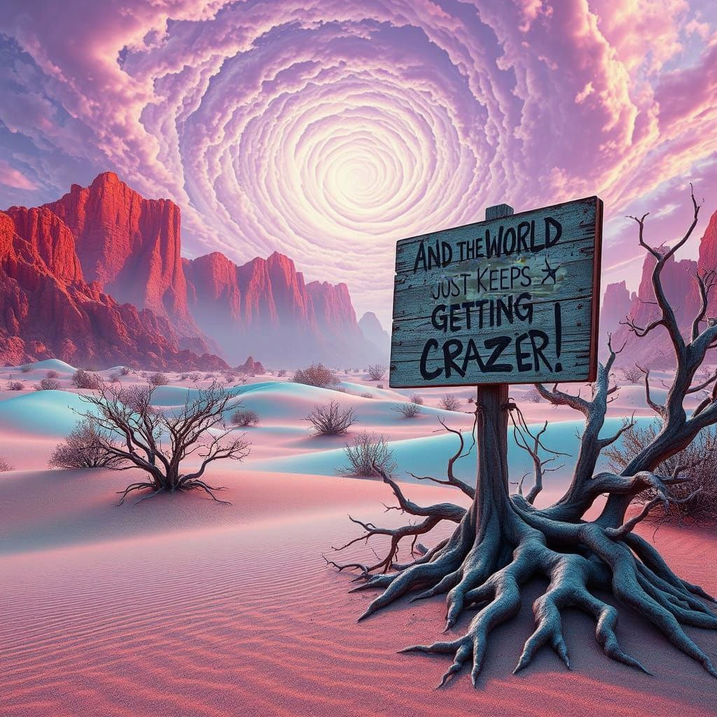 Fantastical Desert Oasis with Cautionary Sign in Vibrant Col...