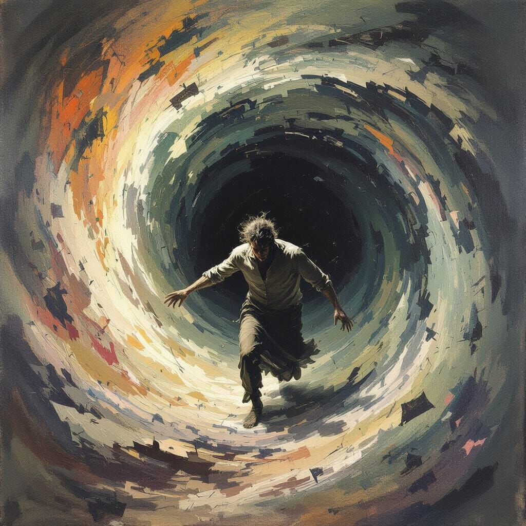 Figure in Abstract Vortex Expressing Psychological Turmoil