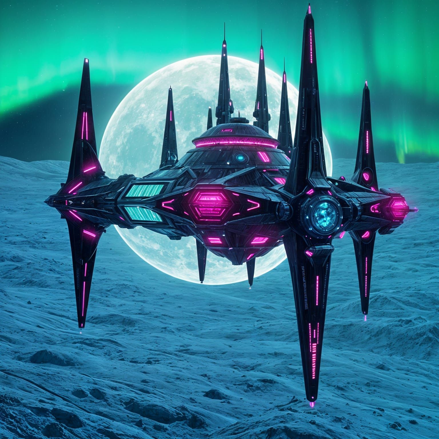 Futuristic Lunar Fortress in Emerald Glow