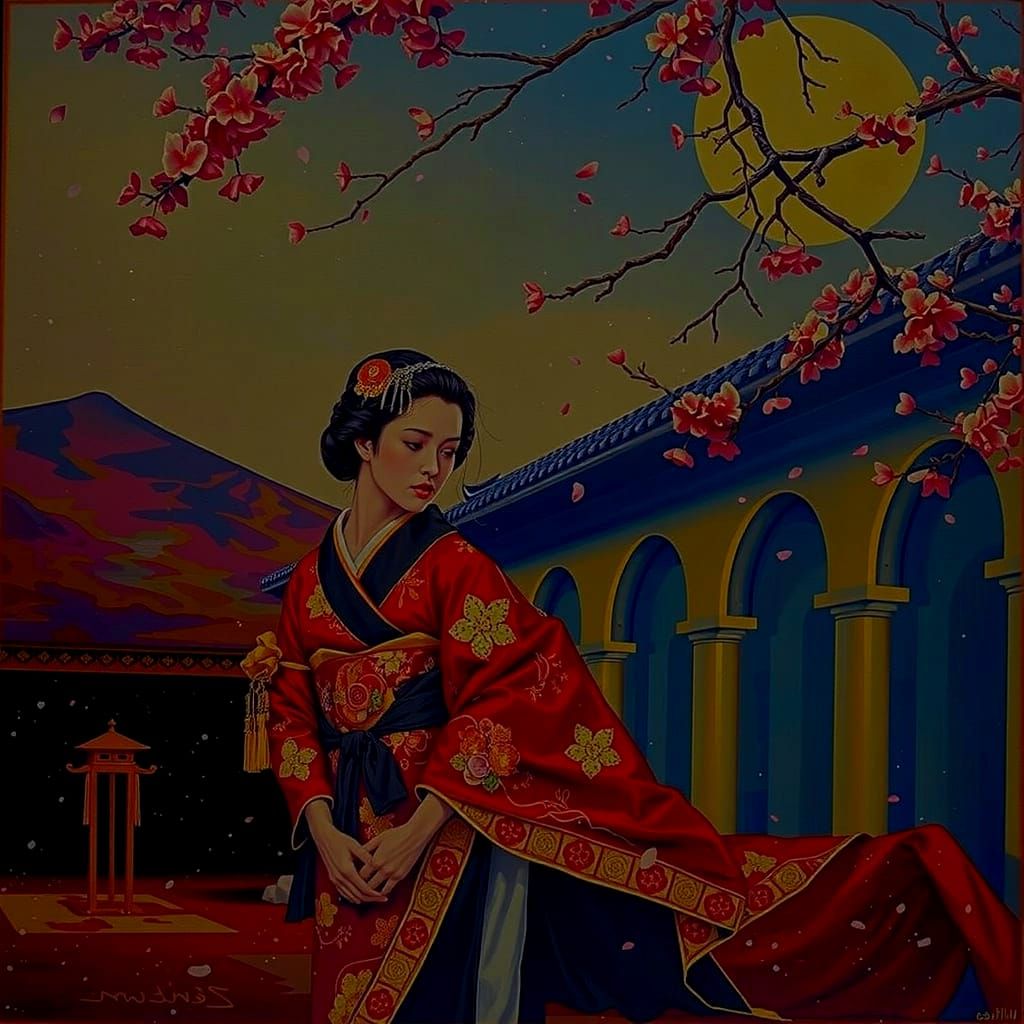 Sad Girl Geisha in Red Kimono Under Cherry Blossoms