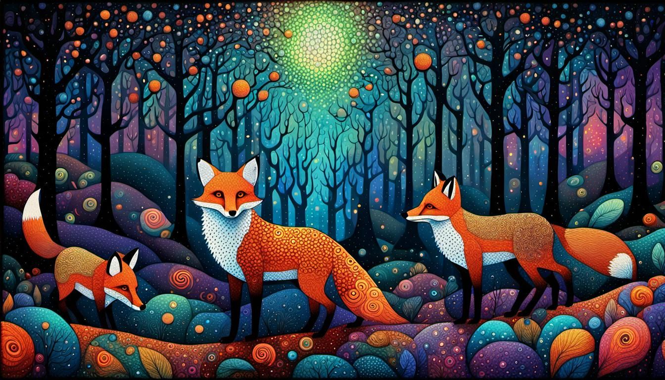 Psychedelic Forest with Foxes in Abstract Pointillism