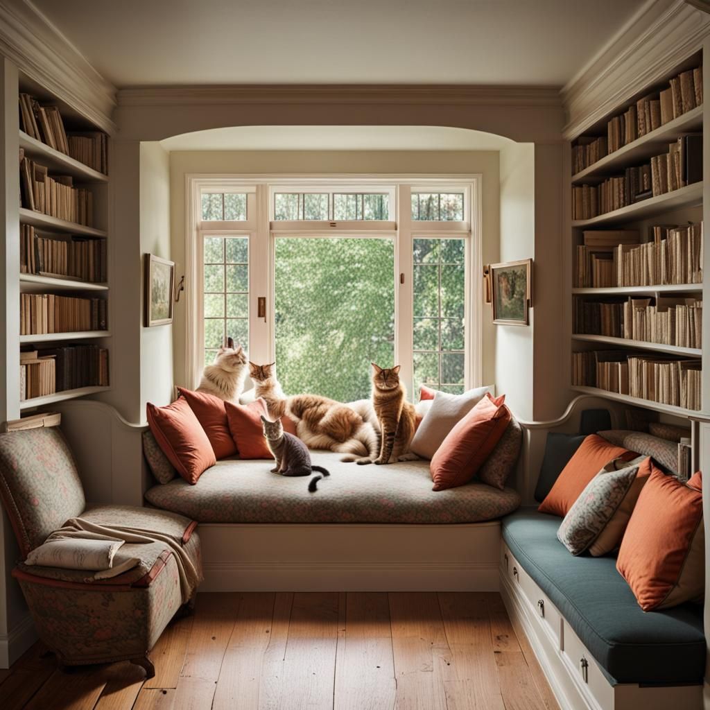 Cozy Cottage Book Nook with Ladies and Cats