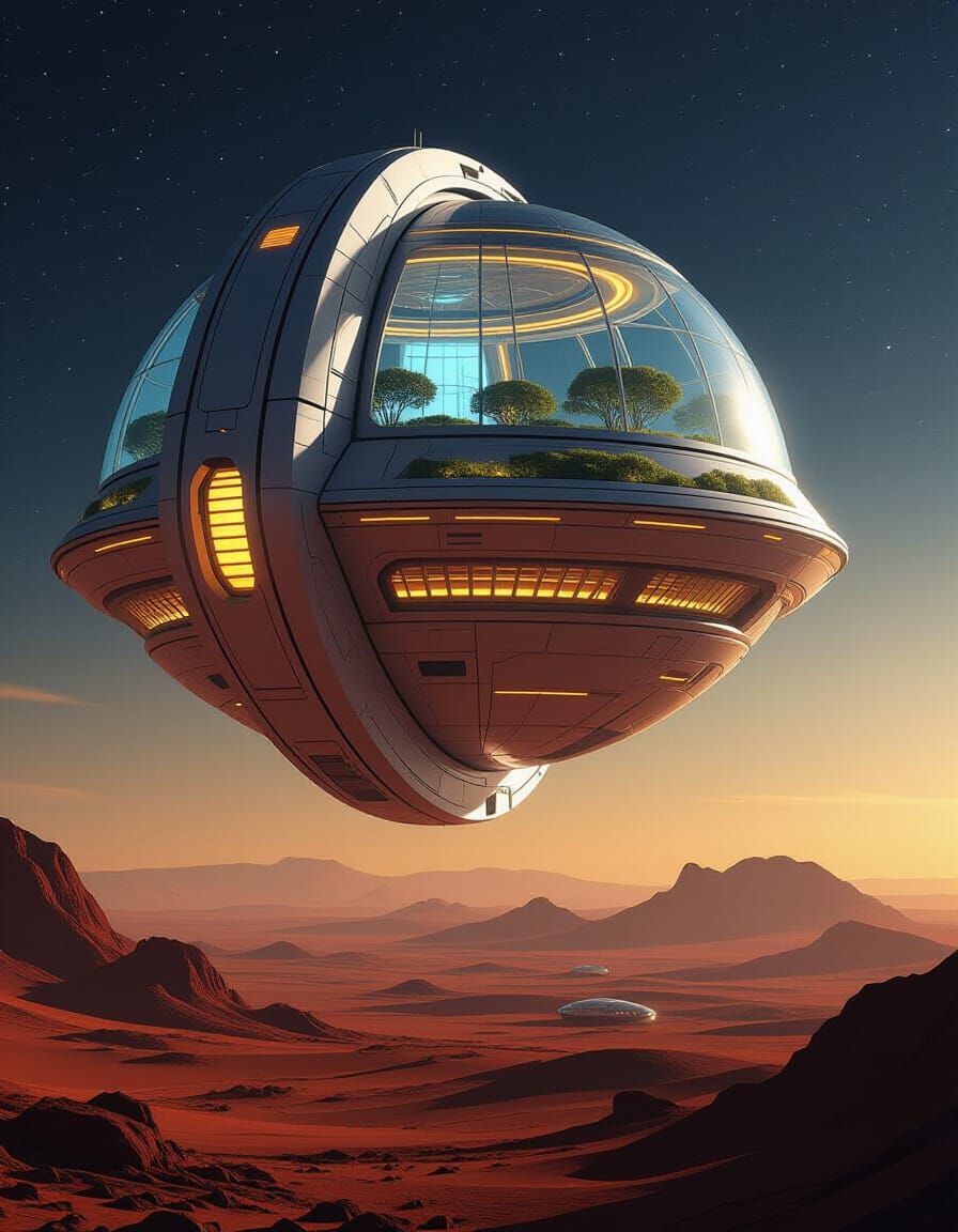Futuristic Biomechanical Habitat Orbiting Mars