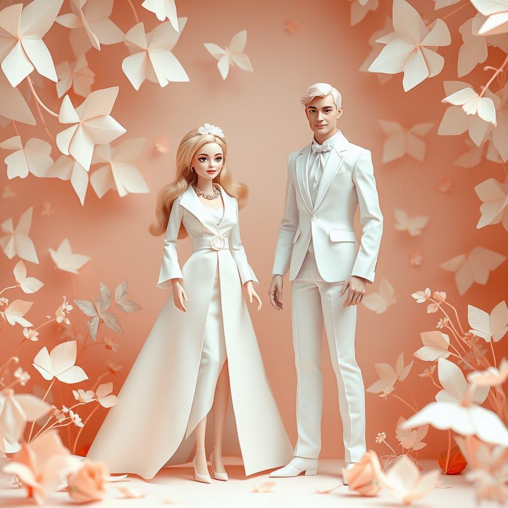 Ethereal All-White Party Scene in Whimsical Origami Style