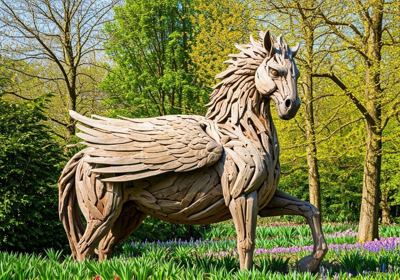 Majestic Driftwood Hippogriff in Spring Bloom