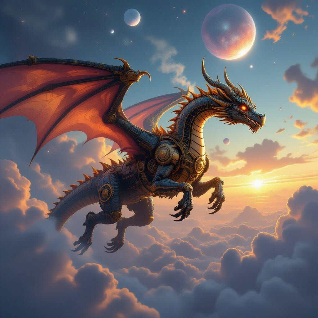 Clockwork Dragon in Cosmic Nebula - Hyperrealistic Concept A...