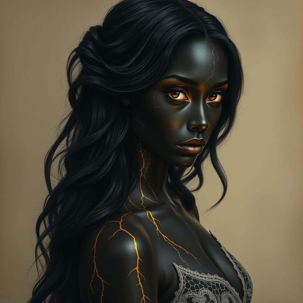 Surreal Woman With Golden Veins in Dramatic Light