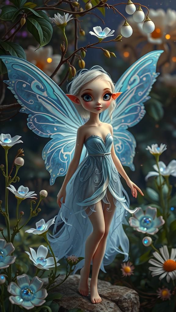 Ethereal Fairy in Moonlit Garden with Glowing Flora