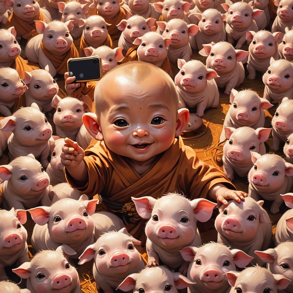 Animated Baby Monk Selfie with Pig in Pixar Style