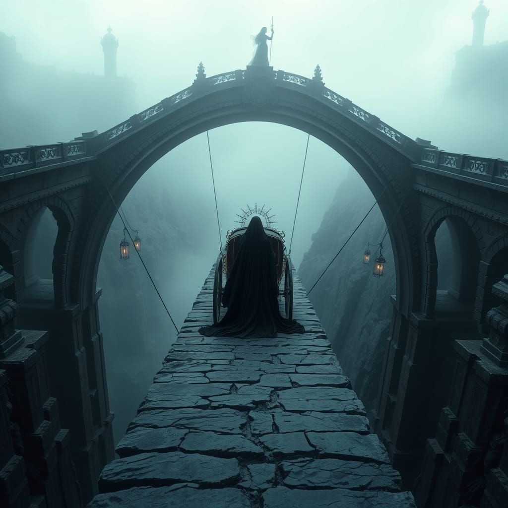 Ethereal Goddess on Ominous Bridge in Dark, Surreal Landscap...