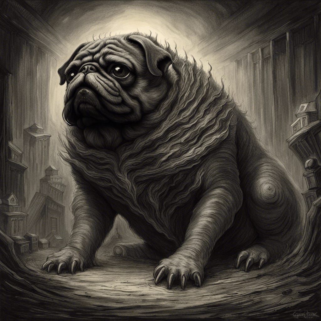 Monstrous Pug in Arkham: A Charcoal Horror