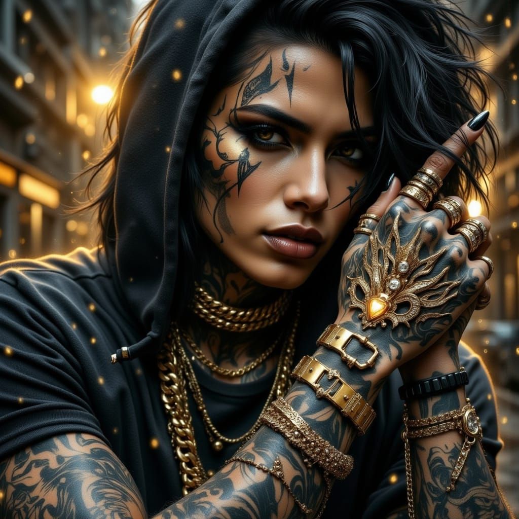 Edgy Chicano Man with Elaborate Tattoos and Gold Jewelry