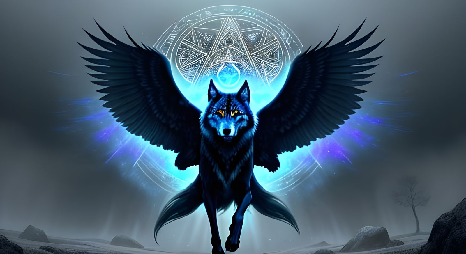 Mystical Twilight Glade with Converging Wolf and Falcon