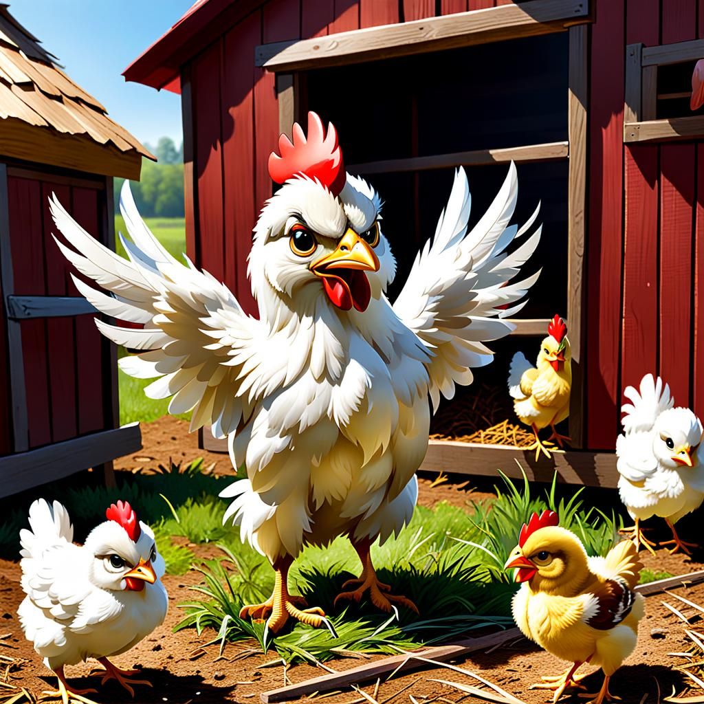 Chicken-Human Hybrid Fight in Barnyard Scene