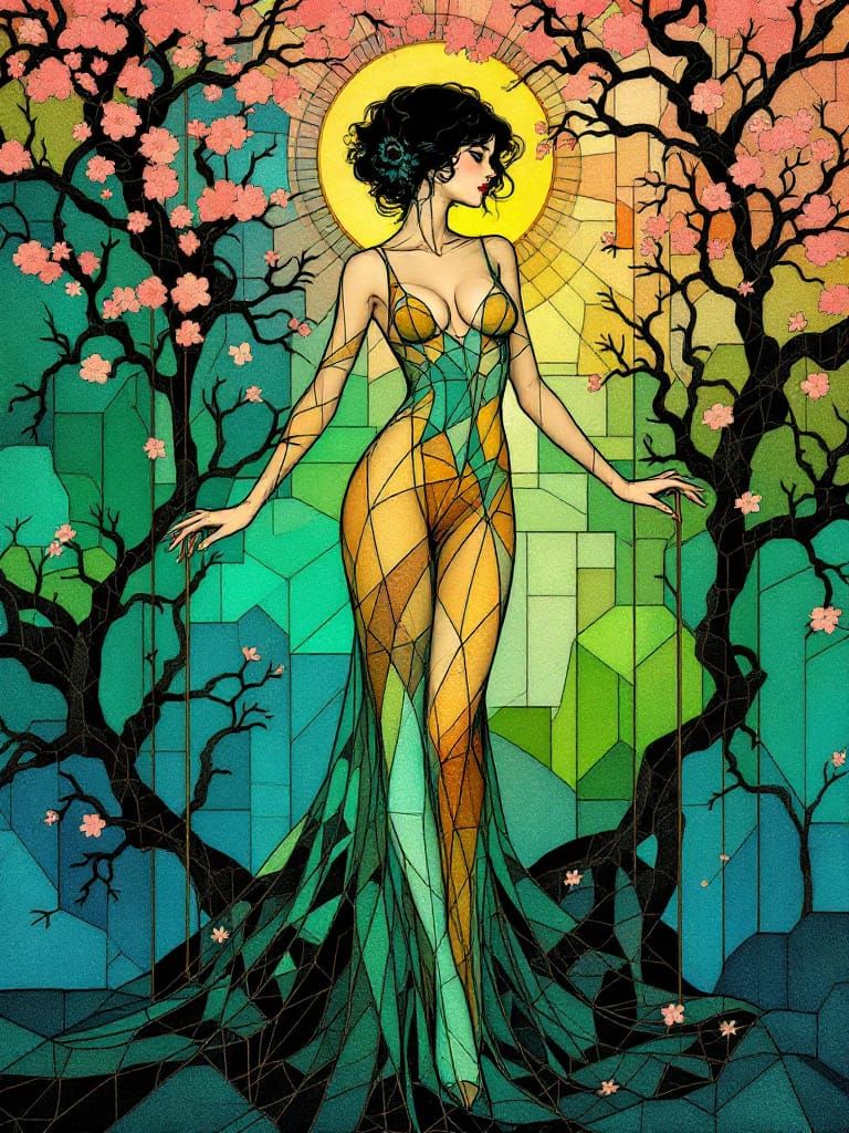 Art Nouveau Stained Glass Figure in Geometric Garden