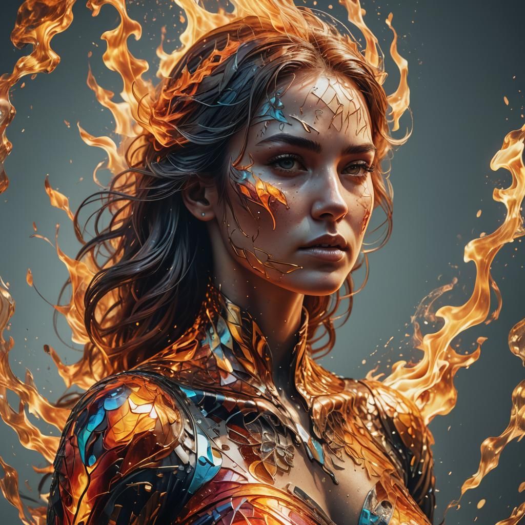 Iridescent Woman Ablaze: Hyperrealistic Digital Art