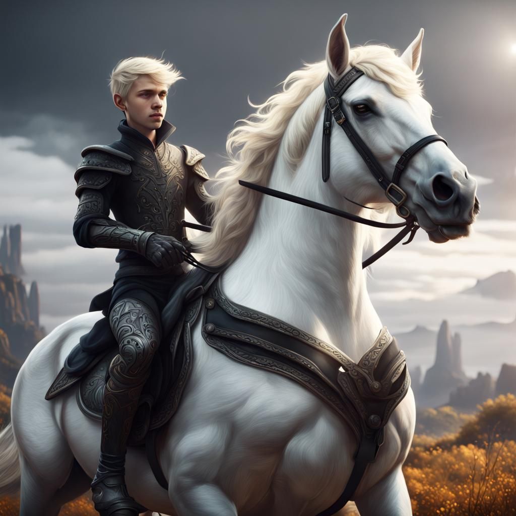 Blonde Boys Riding White Horse Fantasy Art