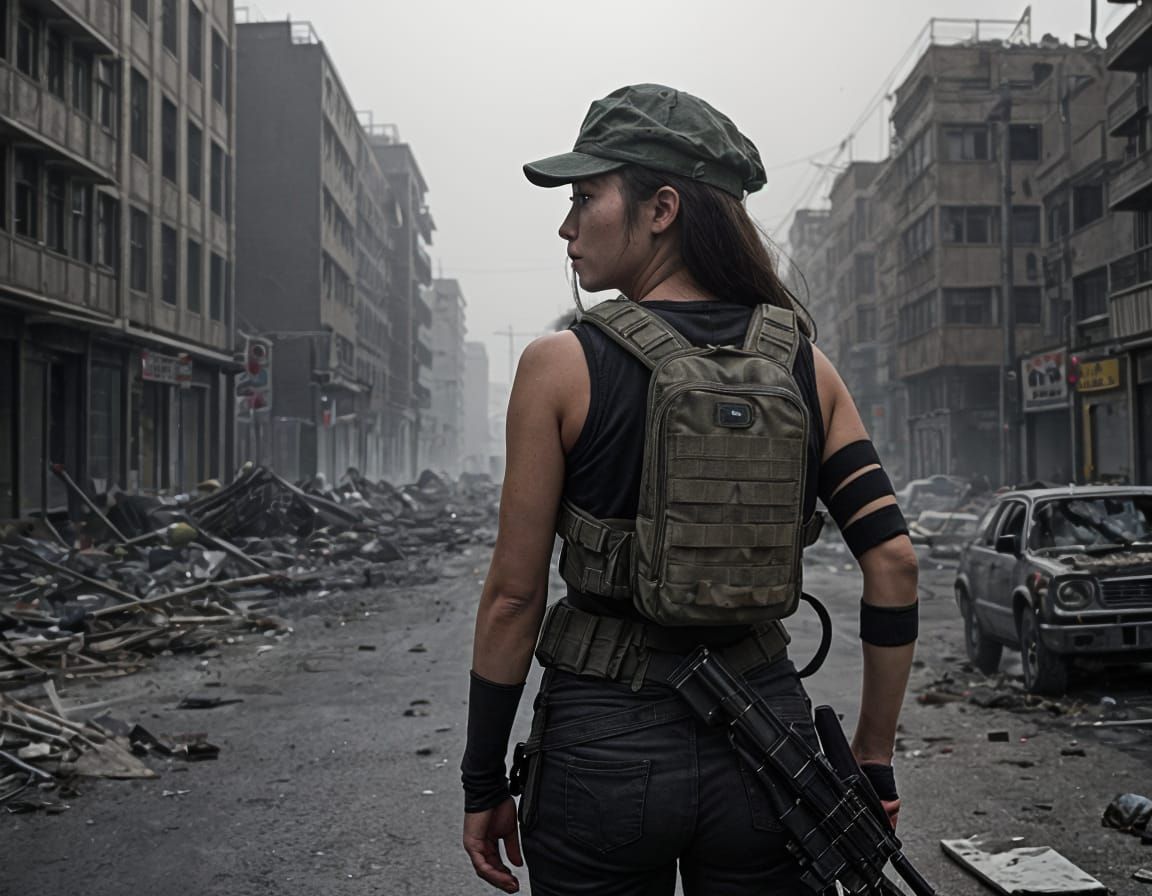 Dystopian War Zone: Woman with Sniper Rifle