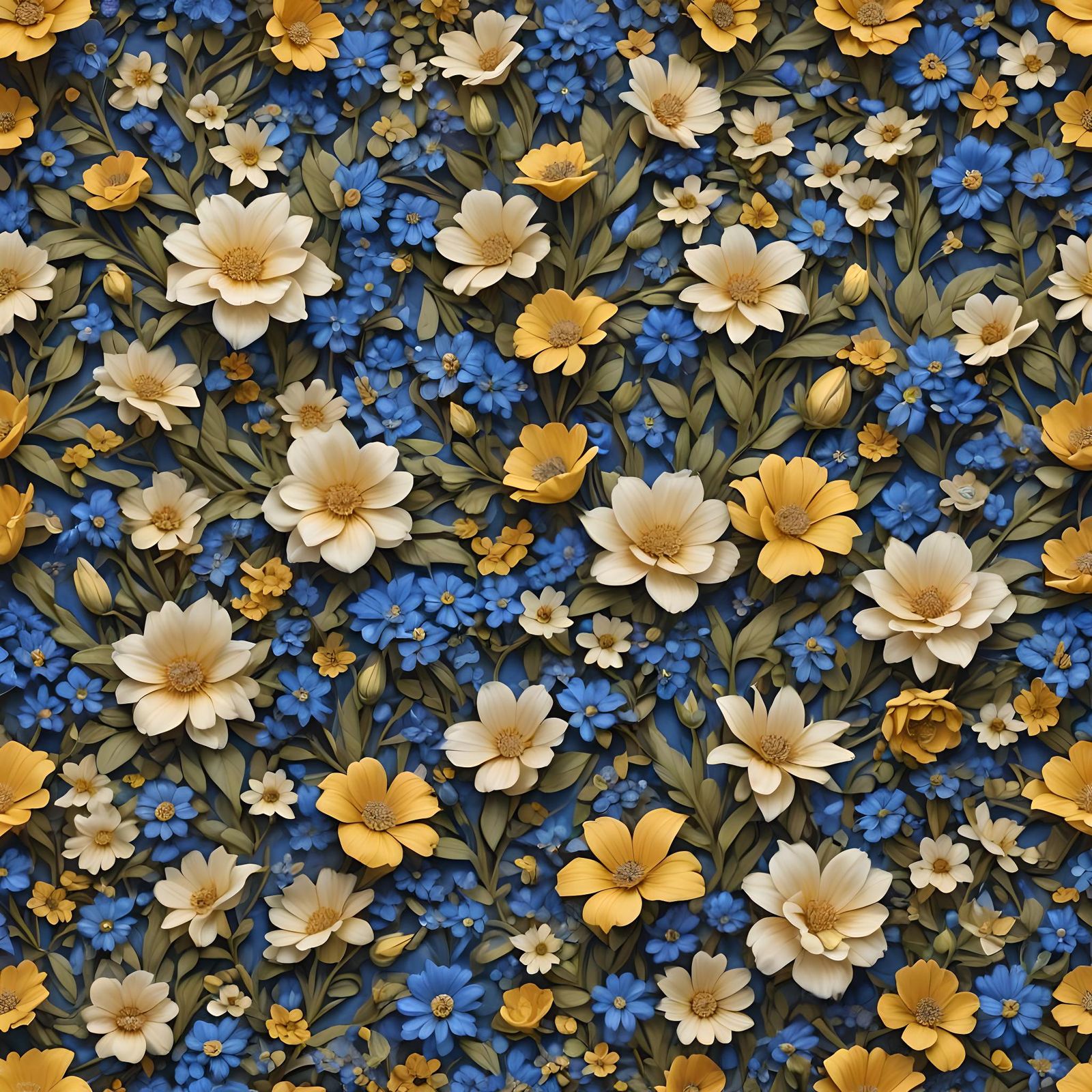 Blue Flowers on Yellow and Blue Rectangular Background