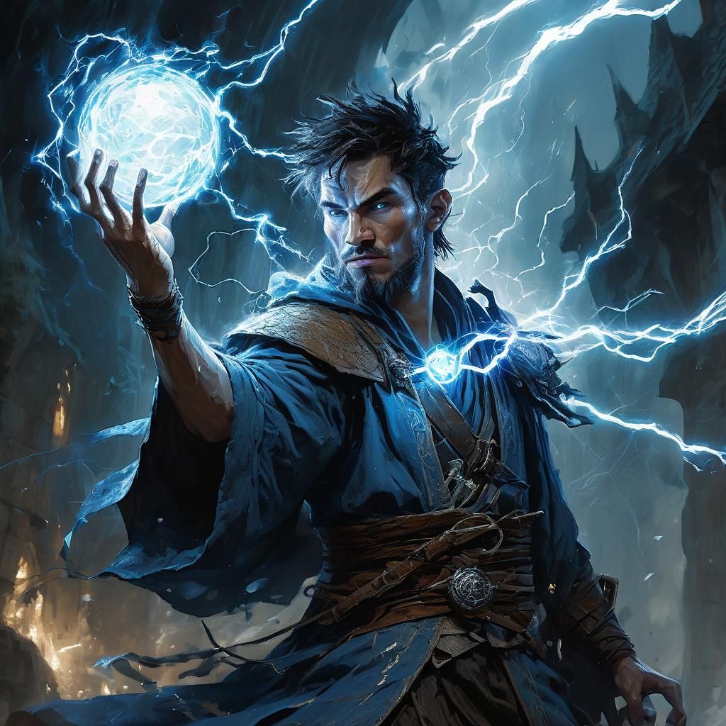 Wizard Conjuring Lightning Ball in Comic Style