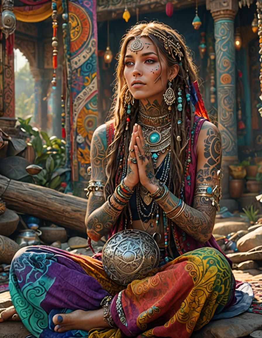 Hippie Chick with Tattoos in Detailed Matte Painting
