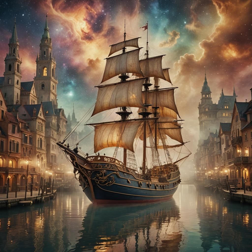 Enchanted Sailboat in Fantasy City: Digital Art