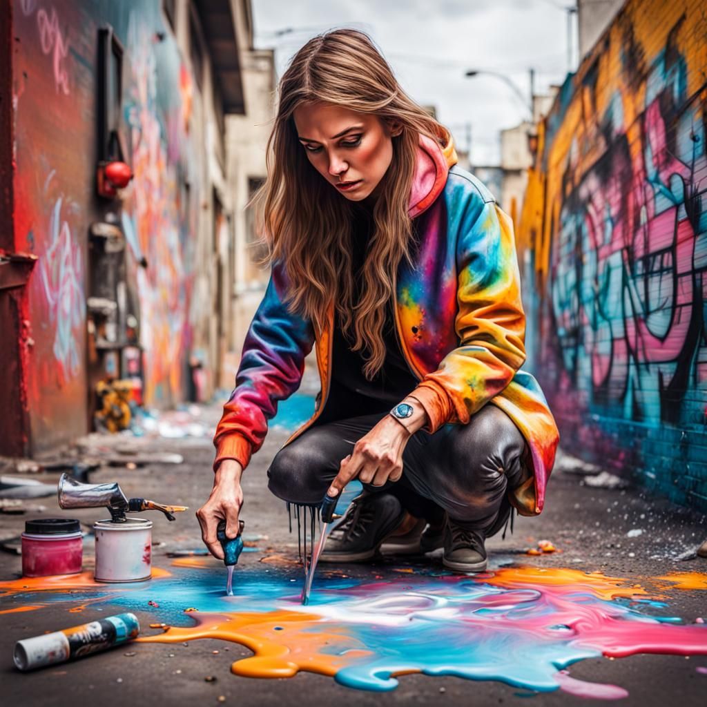 Woman Artist Creating Graffiti Splash Art