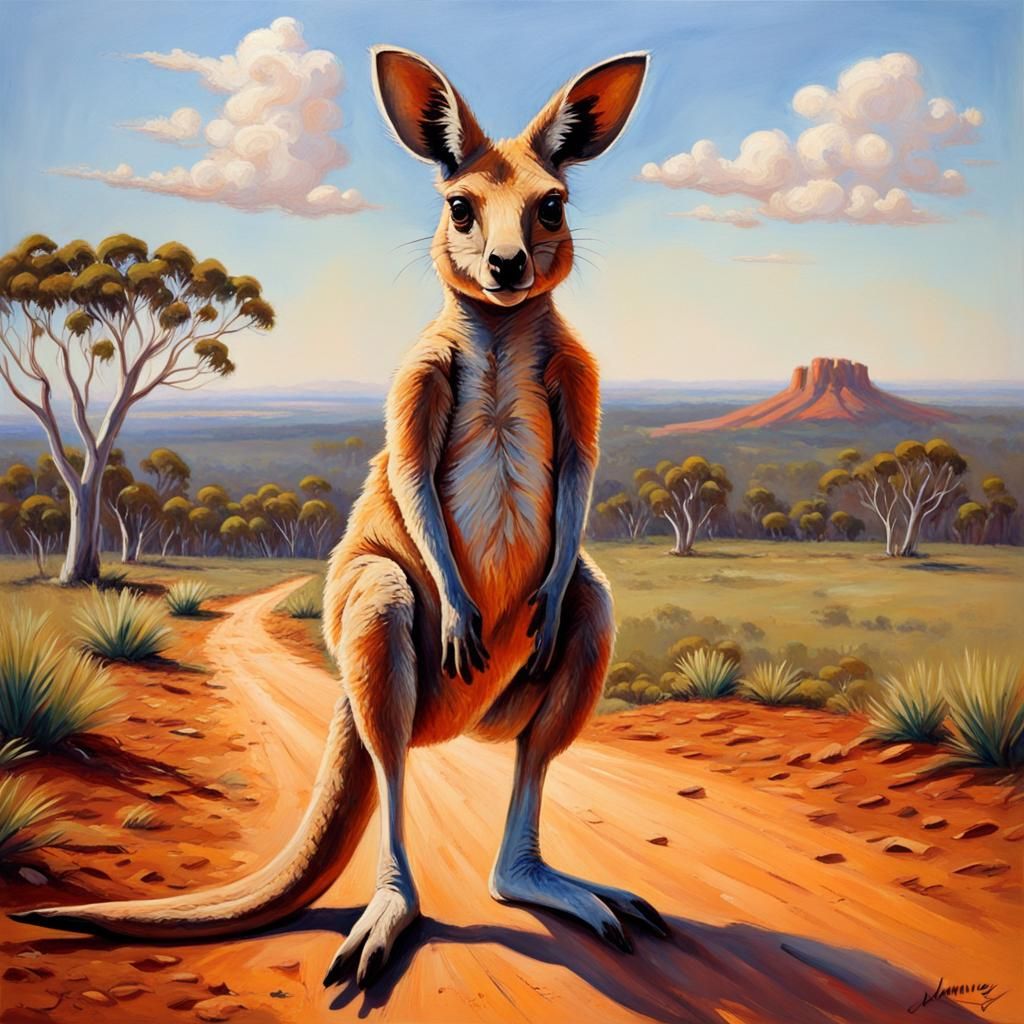 Kangaroo in Australian Outback: Oil Painting