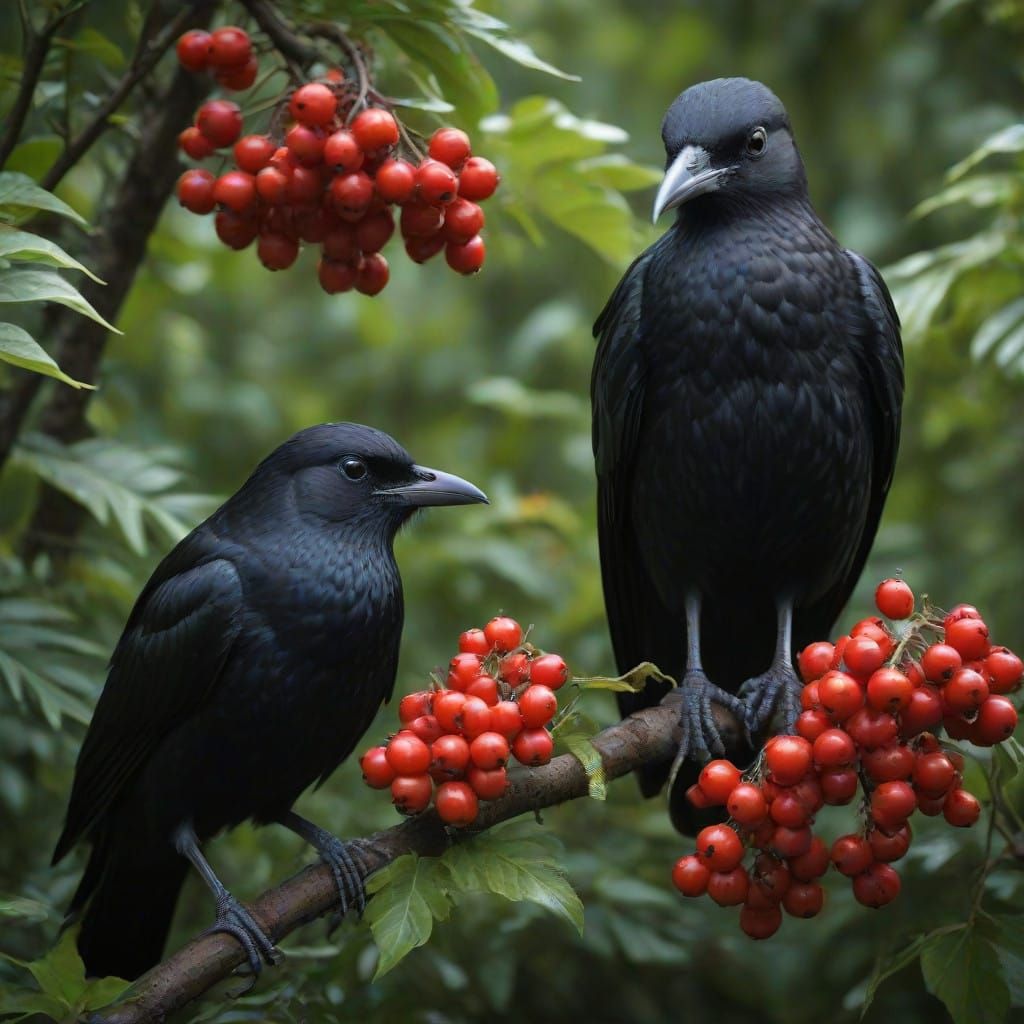 Glossy Blackbirds Feast on Vibrant Red Berries in Lush Bush