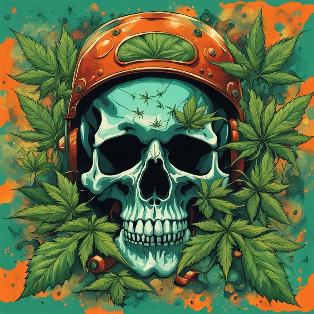 Abstract Skull with Weed Leaves Art