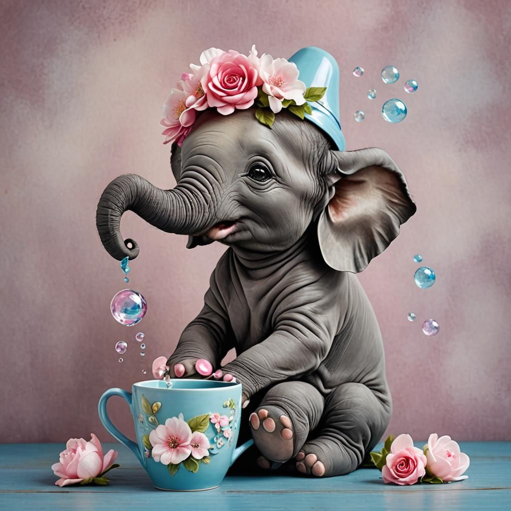 Whimsical Baby Elephant in Mug with Easter Bonnet