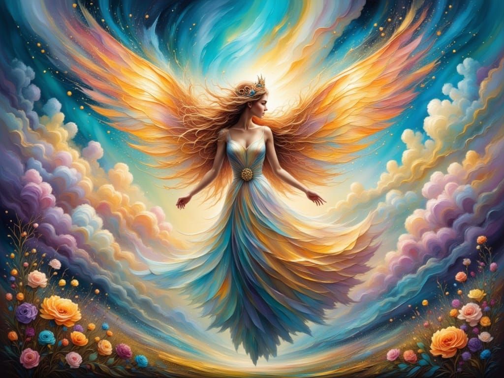 Queen Fairy of Love Flies in a Pastel Galaxy Sky