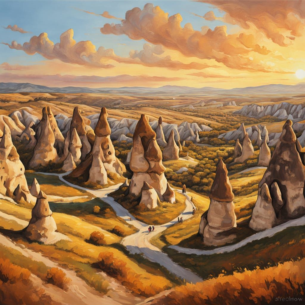 Cappadocia Fairy Chimneys at Sunset: Earthy Oil Painting