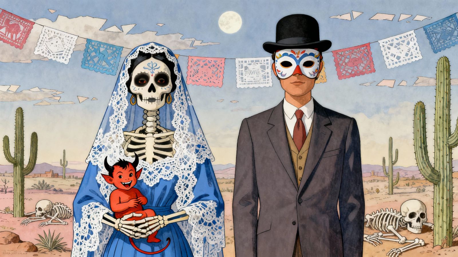 Surreal Catrina with Baby Devil and Masked Man in Mexican La...