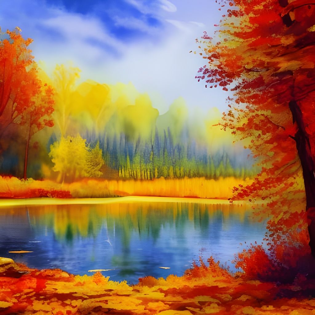 Autumn Lake Forest in Watercolor Painting Style
