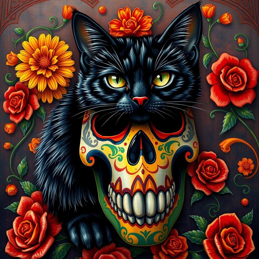Black Cat on Ornate Sugar Skull Drawing