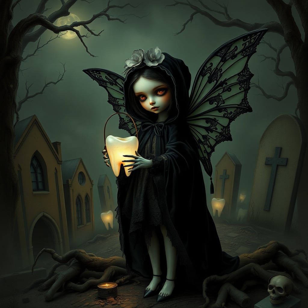 Ethereal Macabre Tooth Fairy in Victorian Mourning Style