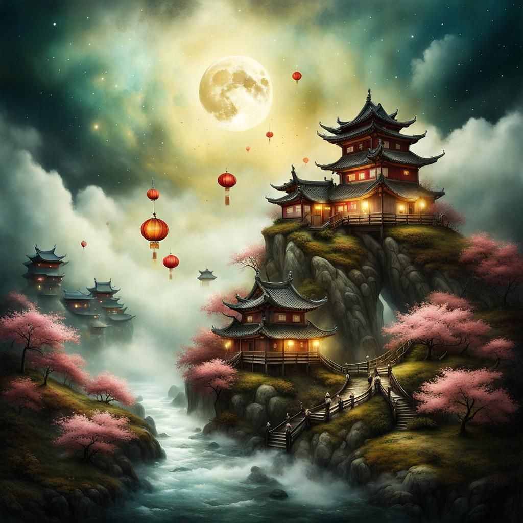 Mountain Sakura Village under the Moon