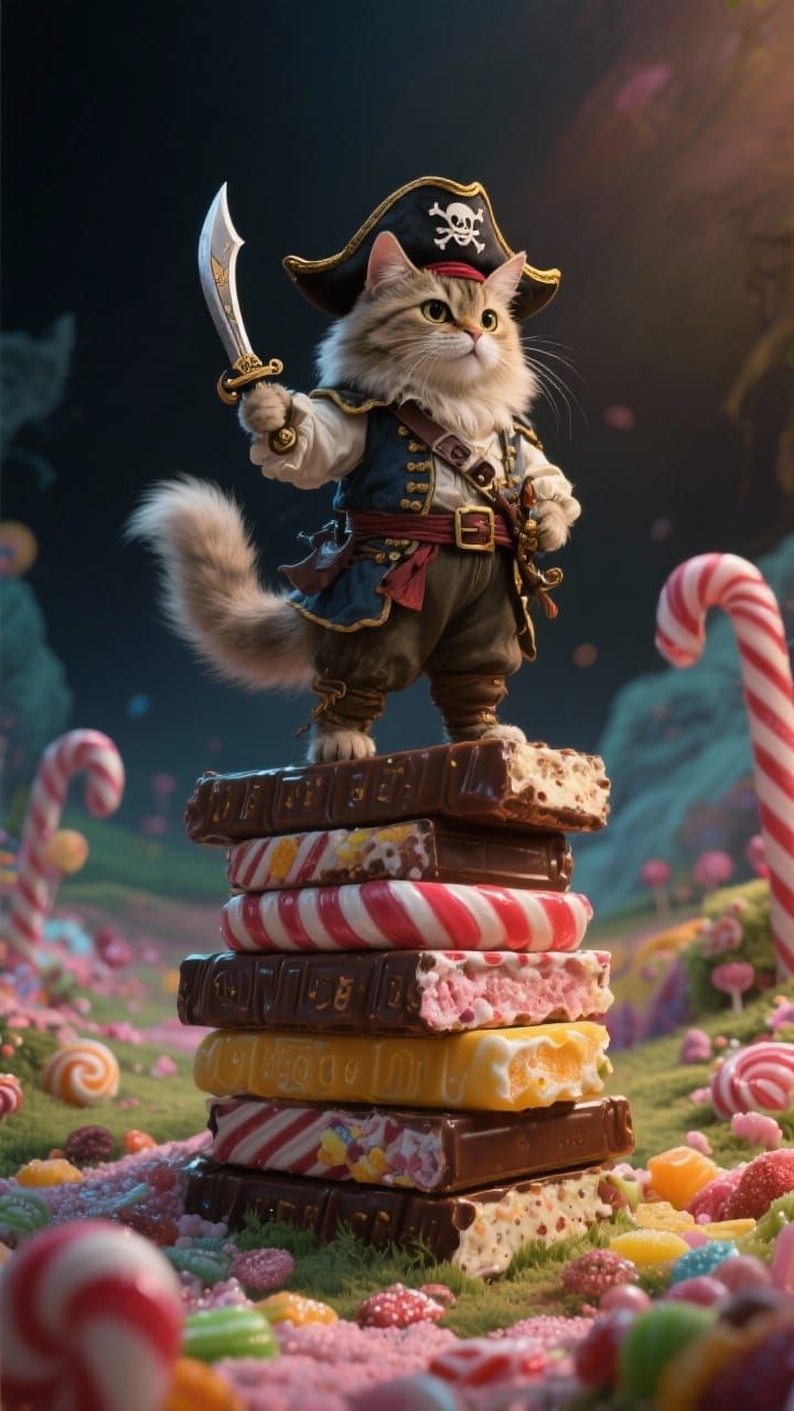 A fluffy Cat, dressed as a tiny pirate