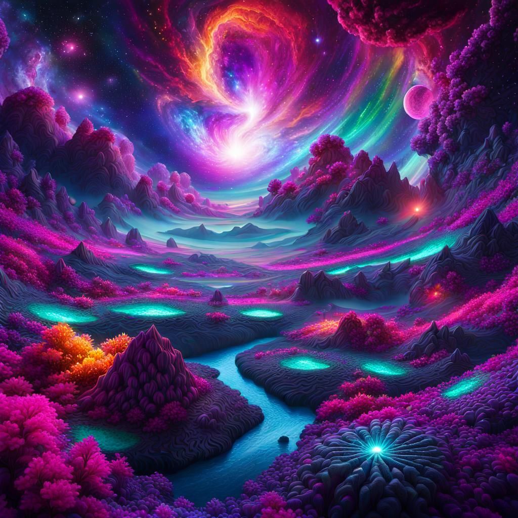 Vibrant Cosmic Neon Landscape in Surreal Digital Art